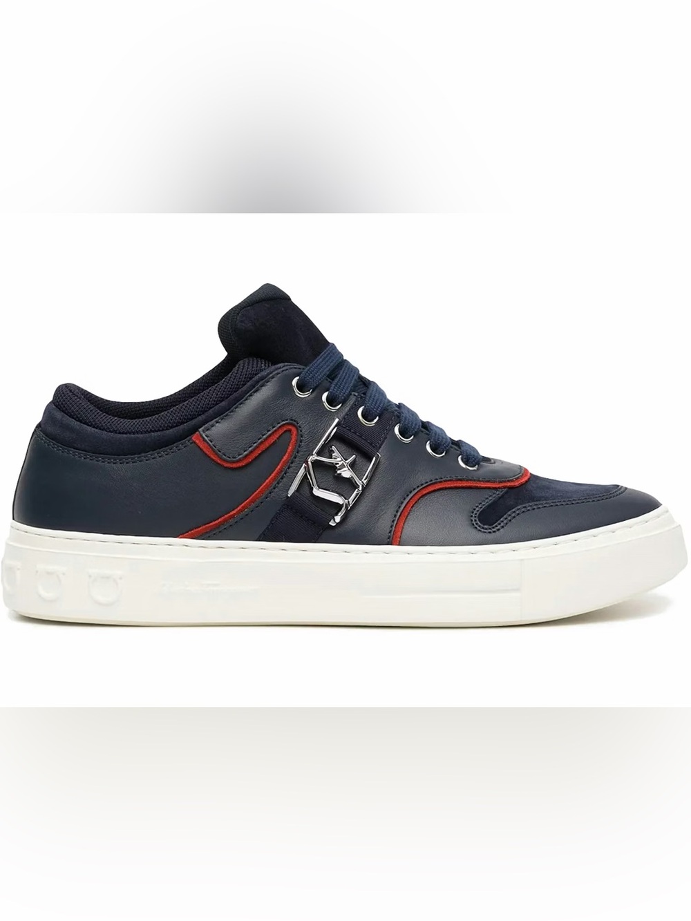 Ferragamo Men's Navy Low-Top Sneakers with Red Trim